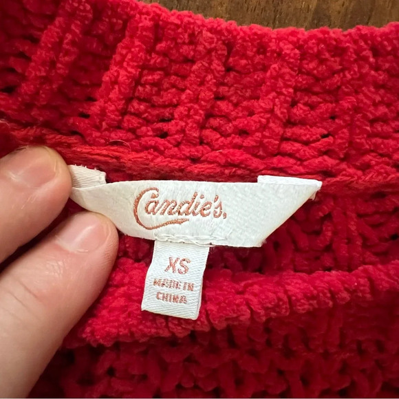 Juniors’ Candie’s Long Sleeve Hi-Lo Pullover Cropped Bow Sweater Red size XS - Picture 5 of 11